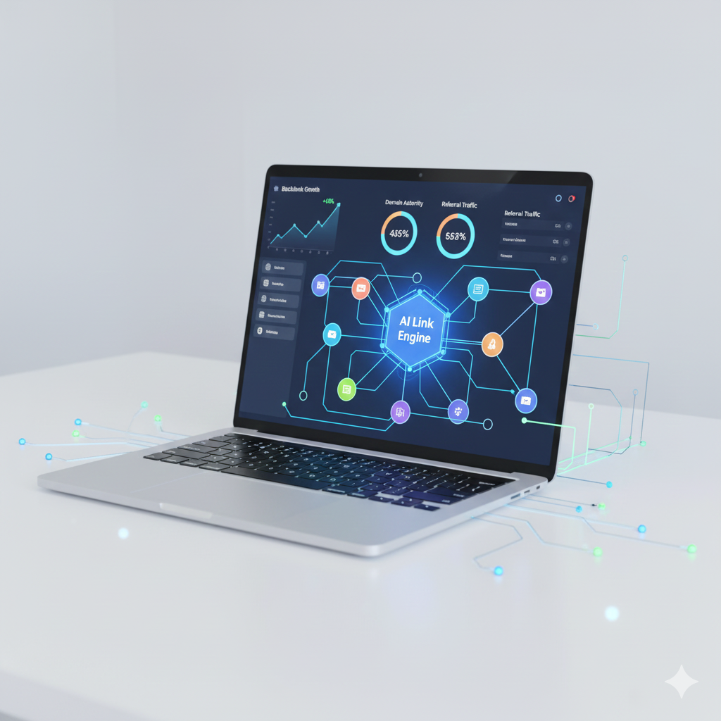 AI-powered link building illustration with laptop, dashboard, backlink network, and AI digital nodes for SEO in 2026
